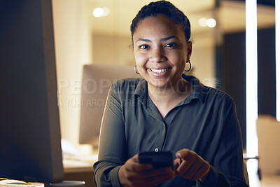 Buy stock photo Night, phone and portrait of woman in office for social media, networking and search. Technology, overtime and internet with girl employee at desk in corporate company for website, contact and app