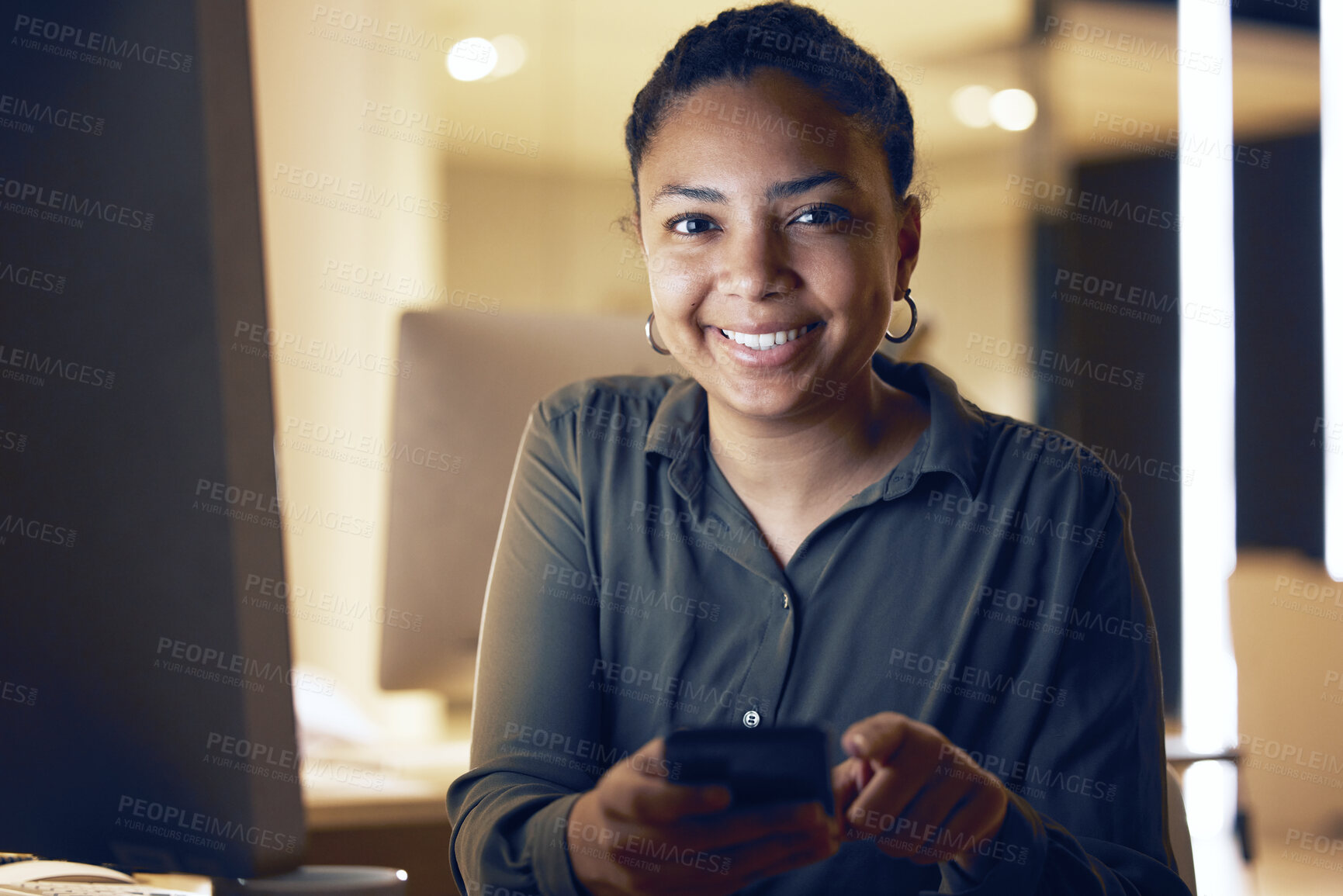 Buy stock photo Night, phone and portrait of woman in office for social media, networking and search. Technology, overtime and internet with girl employee at desk in corporate company for website, contact and app