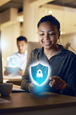 Buy stock photo Phone hologram, cybersecurity or night woman with digital banking safety, password protection or biometric fintech lock. Smartphone cyber security, mobile data encryption or African girl with shield 