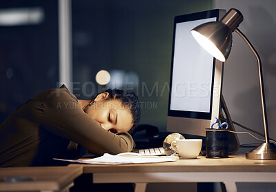 Buy stock photo Computer, tired night and black woman sleeping after mockup bookkeeping, spreadsheet accounting or data analysis. Business office fatigue, dream and admin accountant sleep, exhausted and overworked