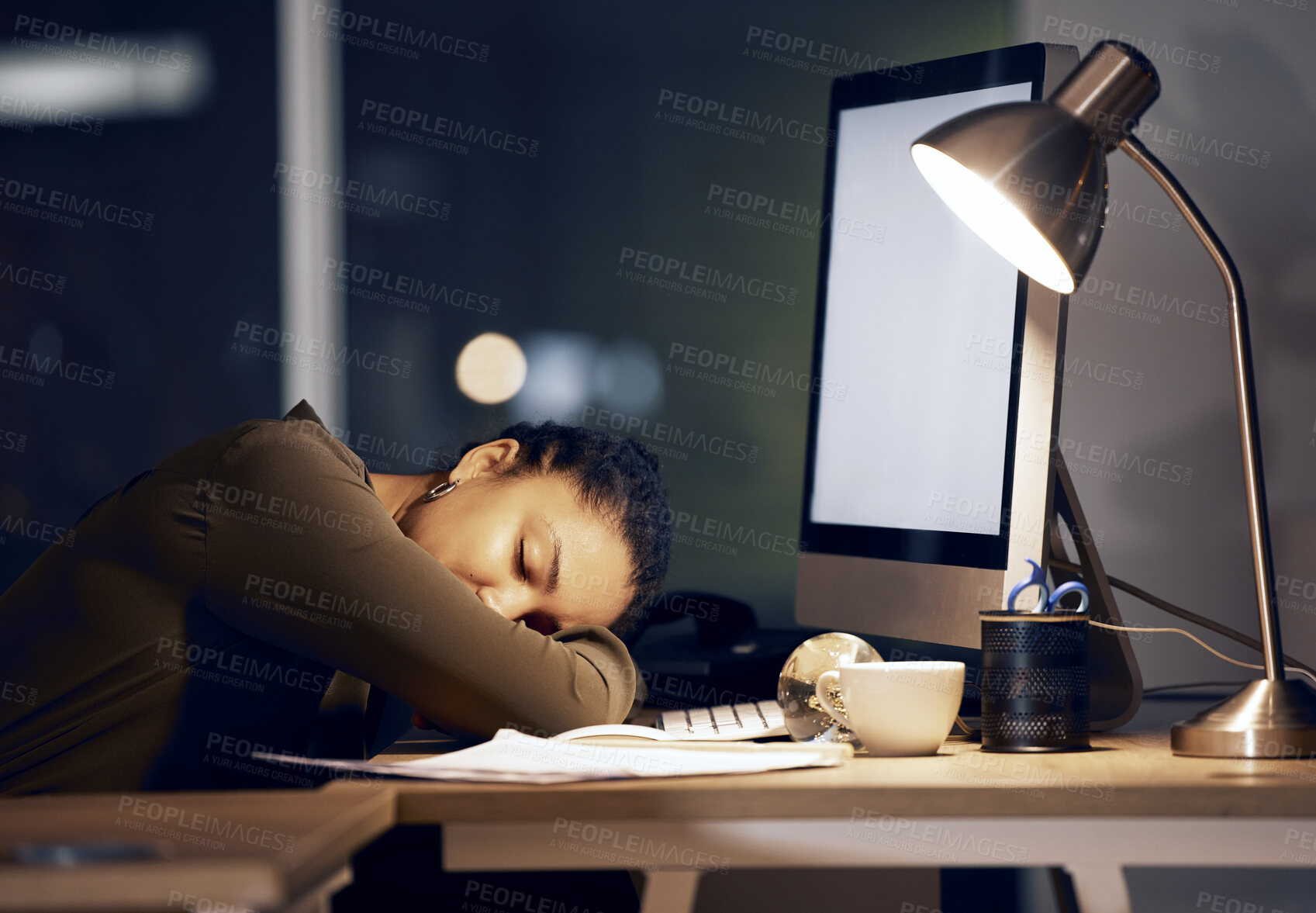 Buy stock photo Computer, tired night and black woman sleeping after mockup bookkeeping, spreadsheet accounting or data analysis. Business office fatigue, dream and admin accountant sleep, exhausted and overworked