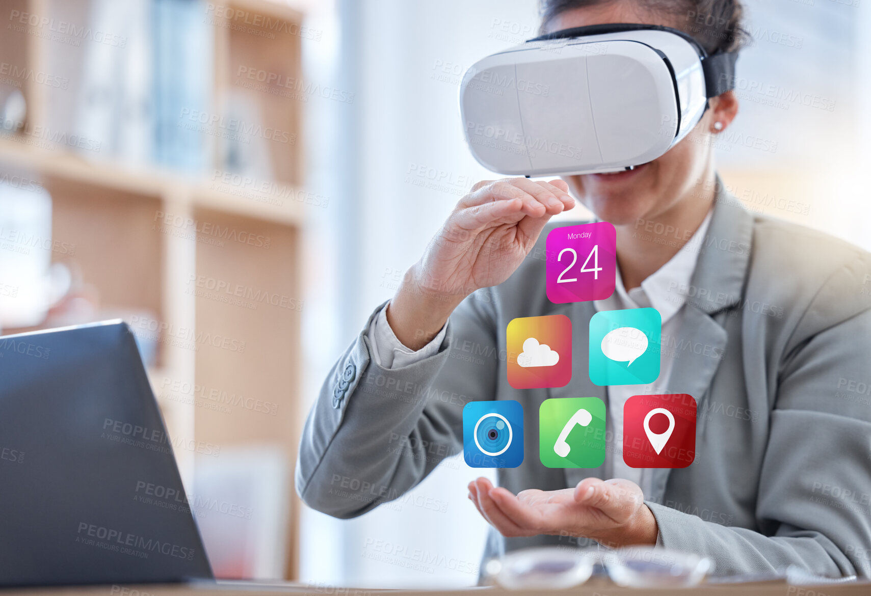 Buy stock photo VR, interface hologram and woman in office futuristic software, application icons and cyberpunk ui overlay. Virtual reality glasses, high tech and ux design of business person hands in 3D metaverse