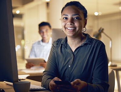 Buy stock photo Night, phone and smile with portrait of woman in office for social media, networking and search. Technology, overtime and internet with girl employee at desk for website, contact and online app