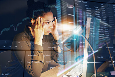 Buy stock photo Future data, computer and woman stress over financial fail, investment overlay or night trading. Mental health problem, economy fail and African trader risk on stock market crash, crisis or dashboard