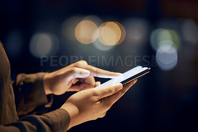 Buy stock photo Closeup, hands and person with smartphone, night and typing with connection, communication and chatting. Zoom, woman and female with cellphone, light and search internet for information and website