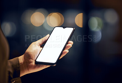 Buy stock photo Phone screen, night and person hands for mobile app mockup, website product placement or global networking. Woman hand holding smartphone or cellphone for Web 3.0 mock up space or chat application ux