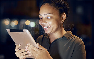 Buy stock photo Tablet, night and business woman reading online data analysis, feedback report or customer experience insight. Brand monitoring software, social media research and African worker review web analytics