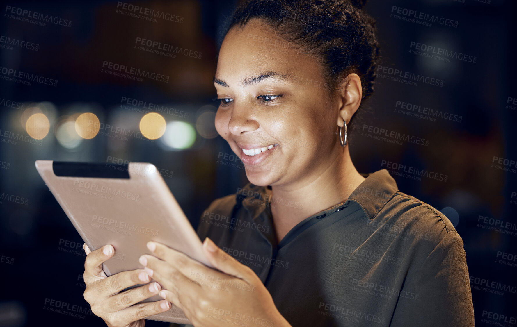 Buy stock photo Tablet, night and business woman reading online data analysis, feedback report or customer experience insight. Brand monitoring software, social media research and African worker review web analytics