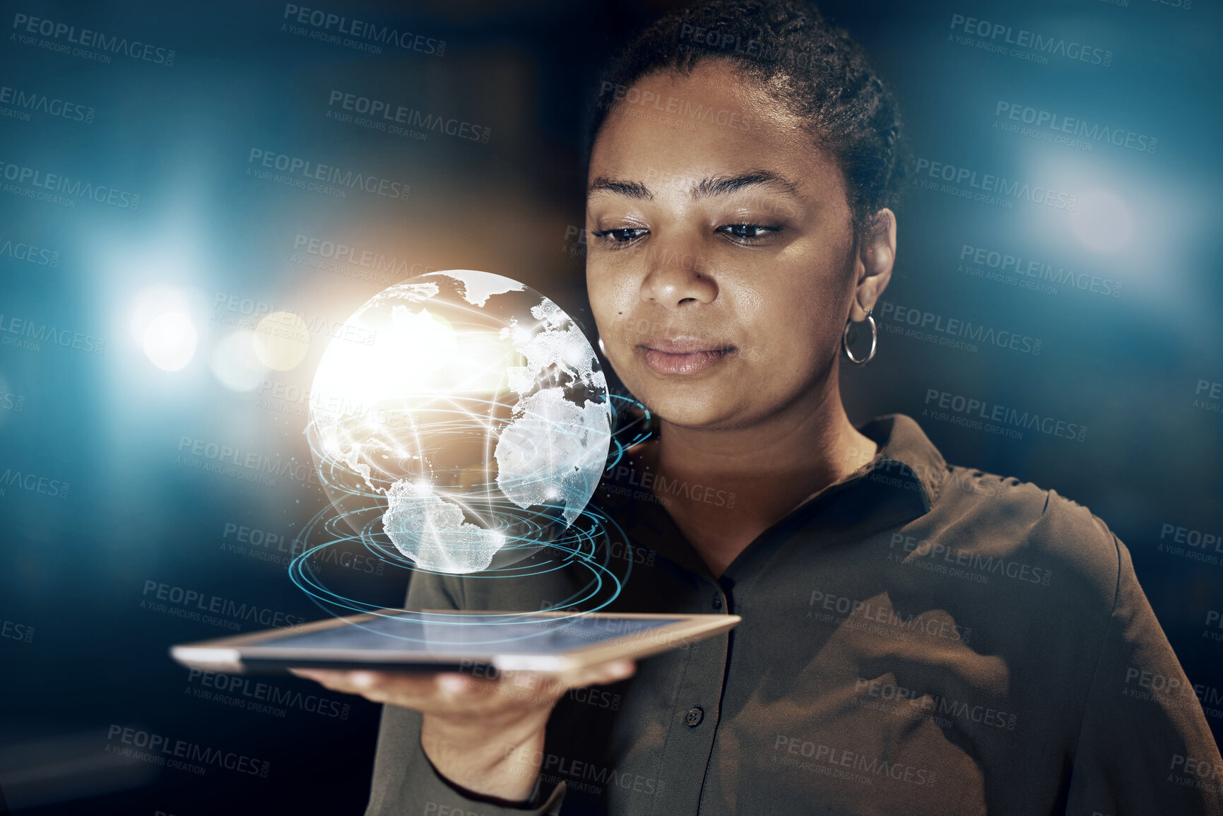 Buy stock photo Tablet hologram, global network or black woman with world data analysis, worldwide earth communication or globe networking. Cloud computing ai network, holographic planet ui or future person at night