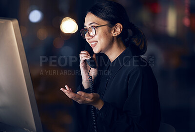 Buy stock photo Phone call communication, office night or woman proposal, plan or feedback idea on telephone chat with investment contact. Networking conversation, discussion or agent talking, speaking or consulting