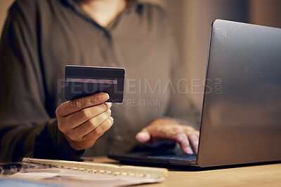 Buy stock photo Online shopping, laptop and woman hands with credit card for digital bank payment, fintech security or finance sale. Night person, ecommerce banking or customer search retail product on store website