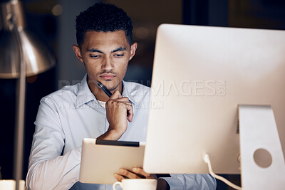 Buy stock photo Tablet, night thinking and business man reading article for media ui app, website database or social network feedback. Brand copywriting idea, online editor focus or male journalist editing news post