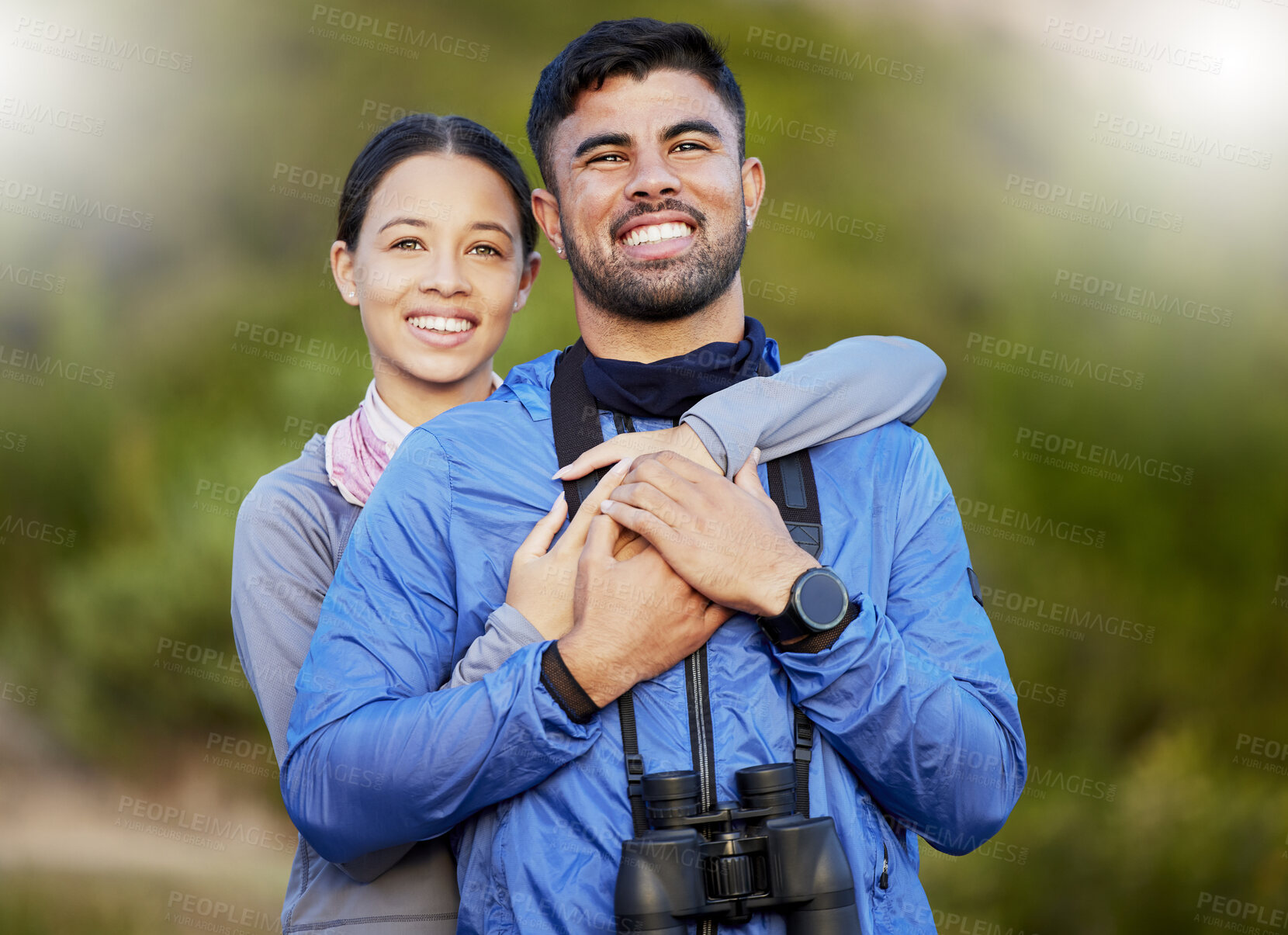 Buy stock photo Fitness, couple and hug in nature, quality time and relax with smile, celebration and weekend break. Love, man and woman embrace, fresh air and getaway with tourism, trip and happiness with rest