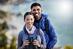 Couple, hiking portrait and backpack together with smile, binoculars and adventure for fitness on mountain. Gen z man, woman and outdoor for travel, holiday and training with love, bonding and care
