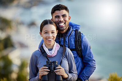 Buy stock photo Couple, hiking portrait and backpack together with smile, binoculars and adventure for fitness on mountain. Gen z man, woman and outdoor for travel, holiday and training with love, bonding and care