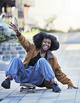 Fitness, skateboard and black woman in city, fun and exercise with happiness, adventure and relax. African American female skater, happy hipster and lady with trendy outfit, smile and gen z outdoor