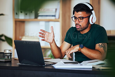 Buy stock photo Elearning, talking and man with a laptop studying, explaining and conversation on a video call. Education, remote and student listening to school communication, online course and speaking on a pc