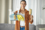 Portrait, cleaner and woman cleaning home smile with equipment, housework and person happy for hygiene clean house. Maintenance, service and disinfectant product by maid in living room housekeeping