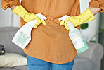 Woman hands, spray bottle or back for spring cleaning, housekeeping or hotel maintenance with healthcare product. Zoom, cleaner or tired maid and detergent, liquid or bacteria in hospitality service