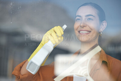 Buy stock photo Window cleaning, woman smile and happy maid at home washing windows with glass cleaner. Helping, working and girl with spray for squeegee and house chores and disinfectant doing housekeeping