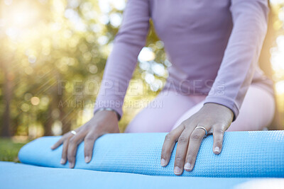 Buy stock photo Fitness, woman and hands with yoga mat for spiritual wellness, zen workout or pilates in nature. Closeup of female yogi getting ready for calm, peaceful meditation or exercise at an outdoor park