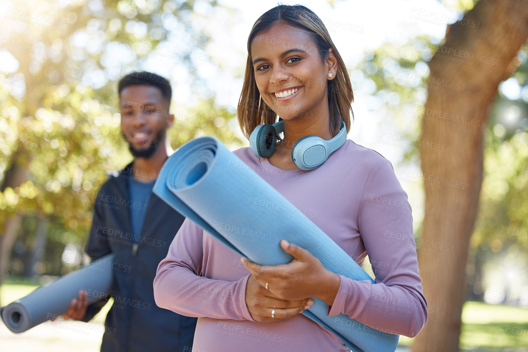 Buy stock photo Fitness, woman and portrait smile for yoga, spiritual wellness or healthy exercise in the nature outdoors. Happy female yogi smiling with mat for calm zen training, practice or workout class at park