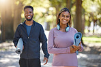 Fitness, couple and portrait smile for yoga, spiritual wellness or healthy exercise together in nature. Happy woman and man yogi smiling with mat for calm zen training, practice or workout at a park