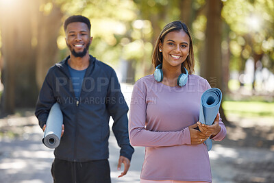 Buy stock photo Fitness, couple and portrait smile for yoga, spiritual wellness or healthy exercise together in nature. Happy woman and man yogi smiling with mat for calm zen training, practice or workout at a park