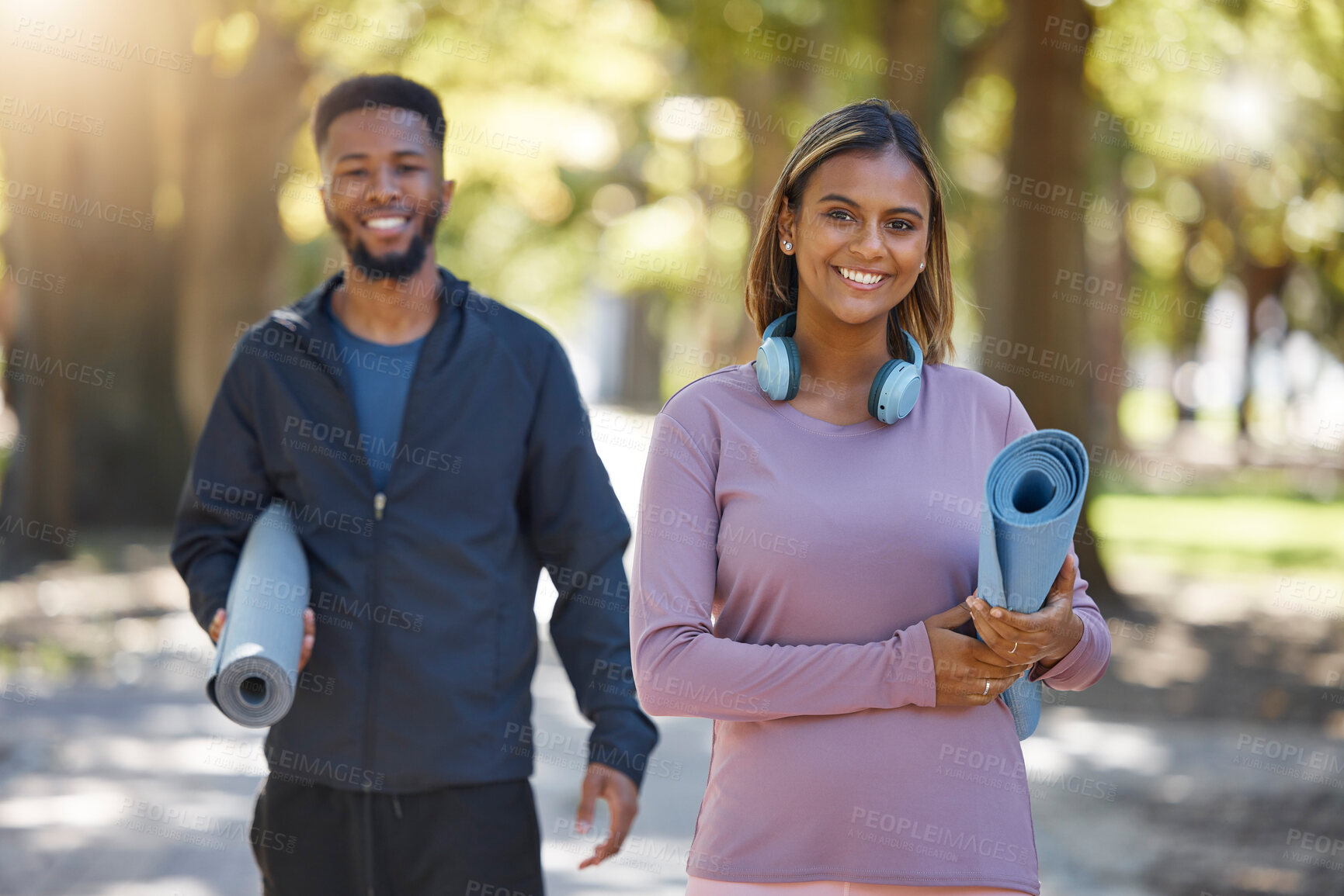 Buy stock photo Fitness, couple and portrait smile for yoga, spiritual wellness or healthy exercise together in nature. Happy woman and man yogi smiling with mat for calm zen training, practice or workout at a park