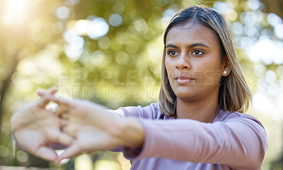 Buy stock photo Fitness, nature and woman doing a stretching exercise before a workout in the park or garden. Sports, wellness and female athlete doing a arm warm up workout before pilates training outdoor in field.