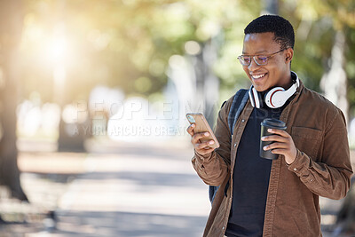 Buy stock photo Social media, happy and black man with a phone and coffee for communication, connection and chat. Mockup, smile and African student reading a notification on a mobile app with a drink on a campus