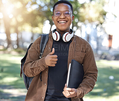 Buy stock photo Student, portrait or thumbs up on campus, park nature or garden in college review, university like or school vote. Smile, happy or black person and thumb hands in learning success or education growth