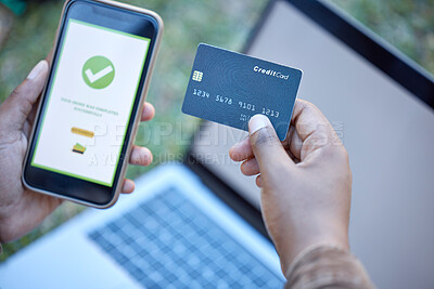 Buy stock photo Credit card, phone banking app and approval check on a mobile website payment with laptop mockup. Online shopping, ecommerce and 5g connectivity of a customer doing a internet sale outdoor on grass