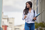 Young woman or student in city on coffee break walking to campus, university or college for carbon footprint. Europe person with backpack and drink for international study opportunity in urban street