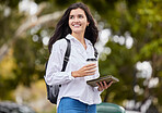 Young woman with tablet in park on coffee break walking to campus, university or college in carbon footprint. Student or happy person with drink for remote opportunity, outdoor nature and education