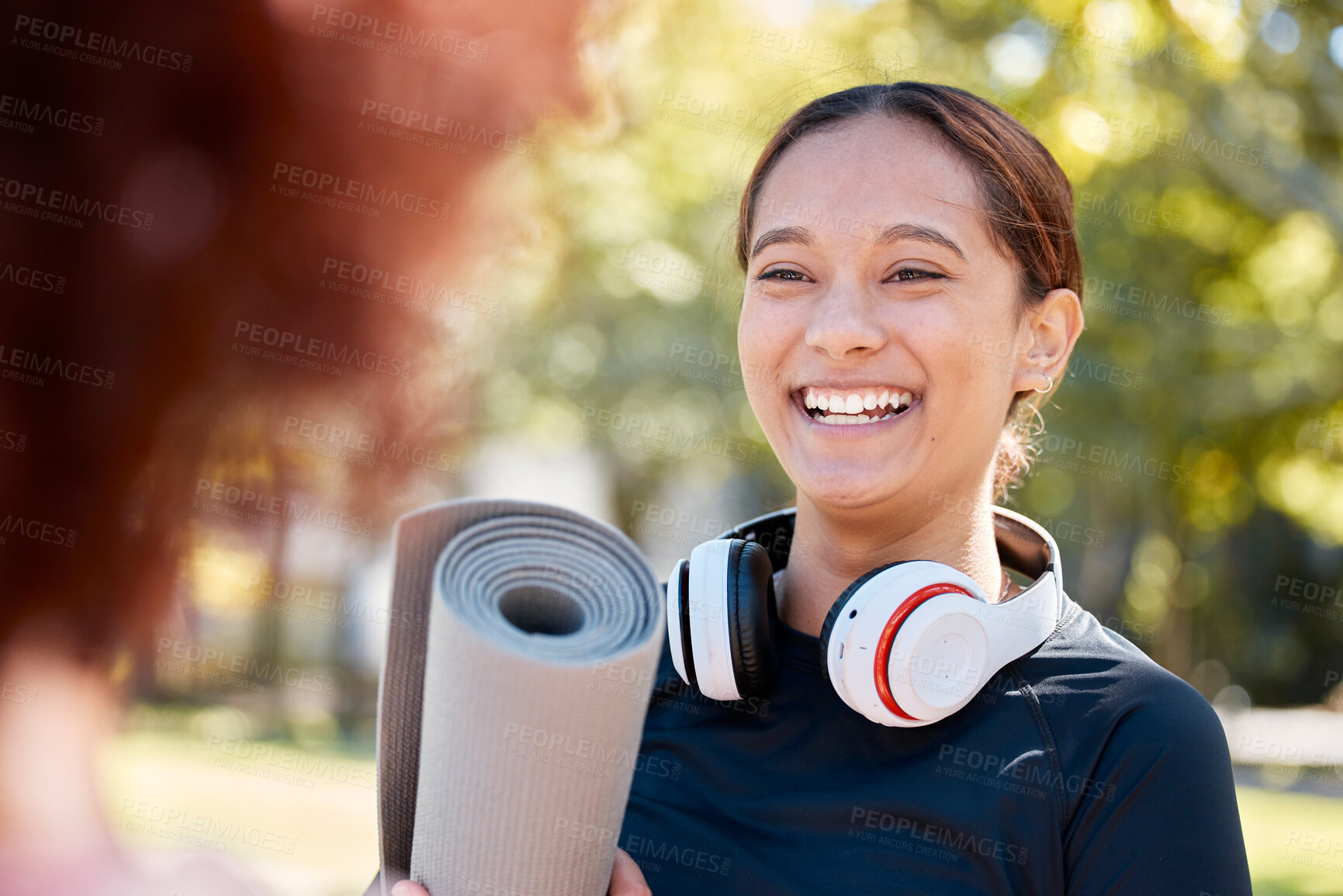 Buy stock photo Smile, fitness and friends in park with yoga mat for exercise, meditation and wellness together. Sports, healthy lifestyle and face of girl laugh, relax and ready for stretching, workout and training