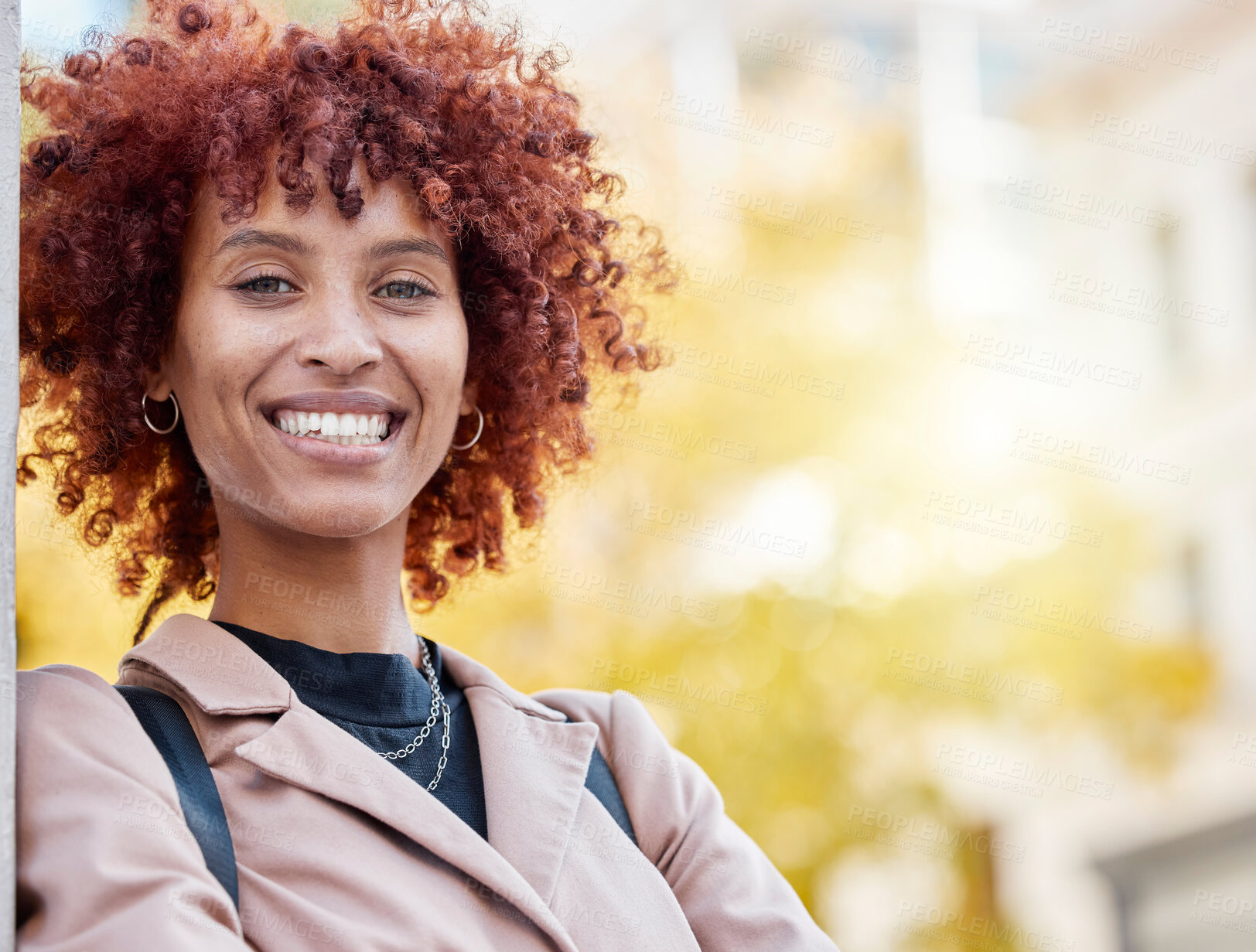 Buy stock photo Portrait, business and black woman in city, success and happiness with confidence, skills and career. Face, African American female employee and entrepreneur with smile, leadership status and town