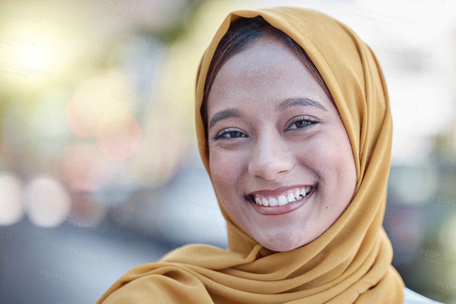 Buy stock photo Happy, smile and portrait of Muslim woman in city for travel, relax and natural in Indonesia. Islamic, positive and confident with girl wearing hijab in urban town for calm, weekend and happiness