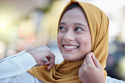 Buy stock photo Muslim, young woman with hijab and face with smile, freedom and travel with day out, happy and carefree outdoor. Islamic fashion, youth and gen z with adventure, lifestyle and female in Dubai