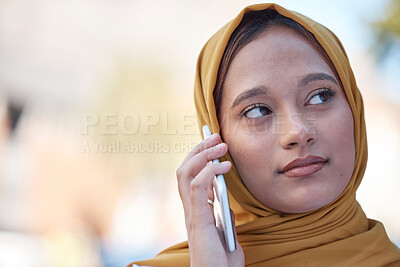 Buy stock photo Muslim woman in city on a phone call, cellphone communication or 5g International update, news or conversation. Young islamic, Urban outdoor hijab or Saudi Arabia person talking on mobile smartphone