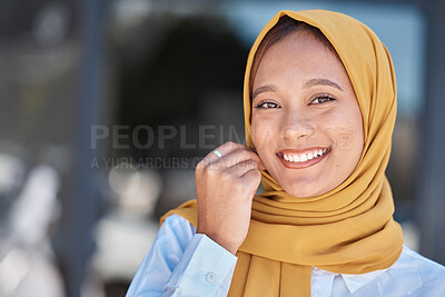 Buy stock photo Travel, smile and portrait of Muslim woman in city for happy, relax and natural in Dubai. Islamic, positive and confident with face of girl wearing hijab in urban town with mockup and happiness