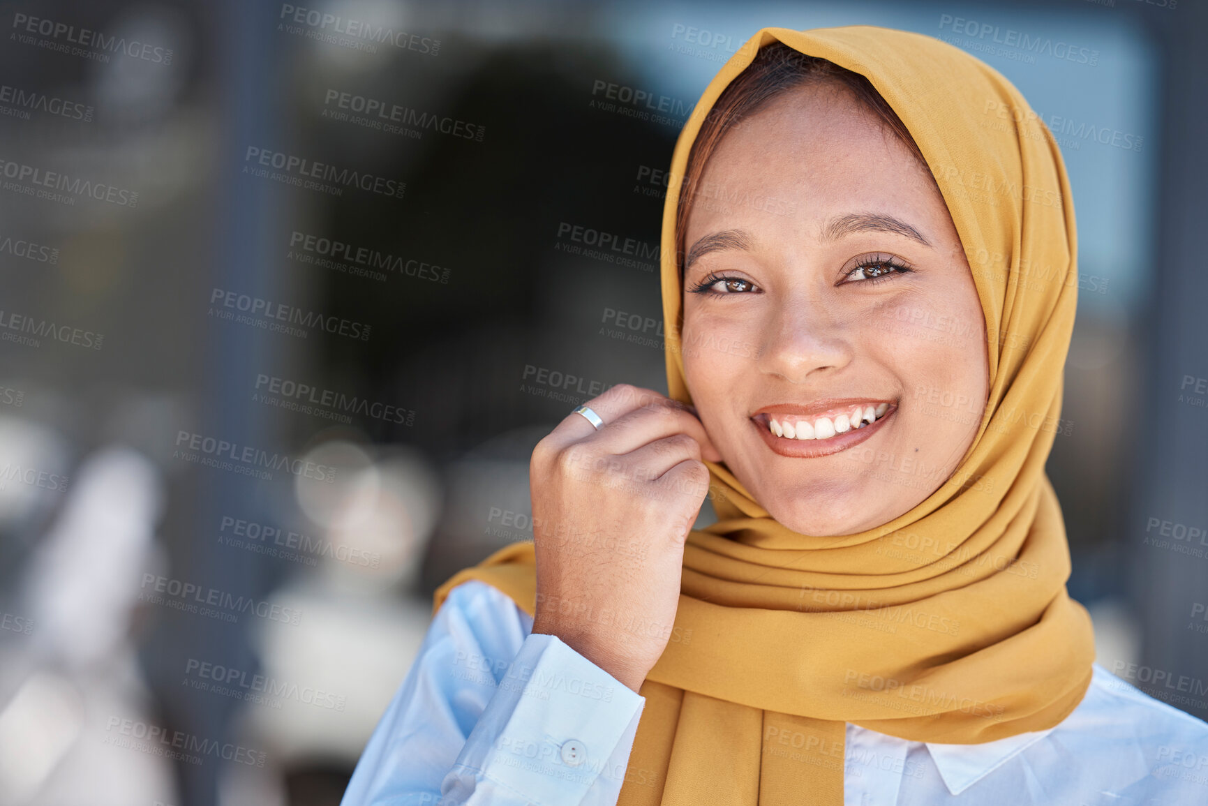 Buy stock photo Travel, smile and portrait of Muslim woman in city for happy, relax and natural in Dubai. Islamic, positive and confident with face of girl wearing hijab in urban town with mockup and happiness