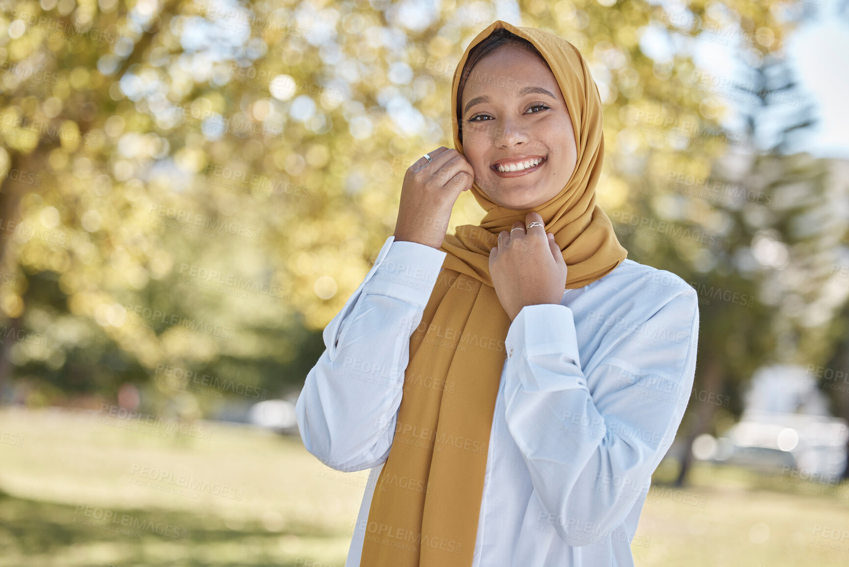 Buy stock photo Hijab, smile and portrait of Muslim woman in park for travel, relax and natural in Indonesia. Islamic, positive and confident with proud girl in field of nature for calm, weekend and happiness