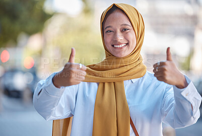 Buy stock photo Thumbs up, happy and portrait of Muslim woman in city for achievement, like and natural in Indonesia. Islamic, positive and confident with girl wearing hijab in urban town for yes, agreement and joy