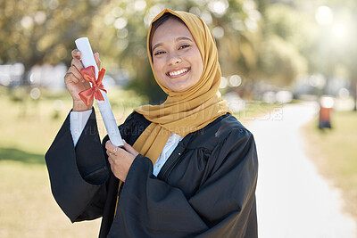 Buy stock photo Graduation portrait, university and muslim woman with certificate for education, learning success and college. Islamic student or young hijab person with diploma for school at campus park or outdoor