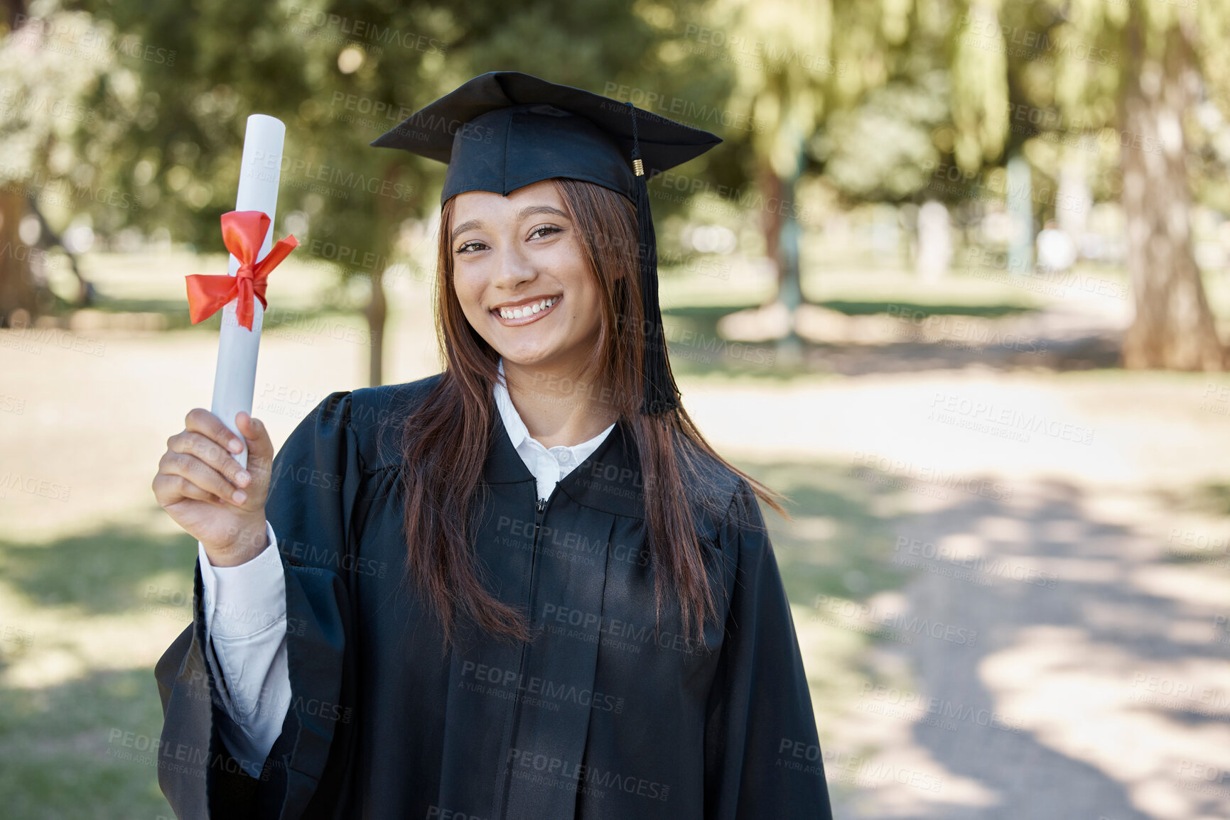 Buy stock photo Graduation award, university and portrait of girl on campus with smile for success, diploma and achievement. Education, college and happy female graduate with certificate, degree and academy scroll