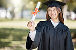 Graduation, university diploma and portrait of student on campus with smile for success, award and achievement. Education, college and happy girl graduate with certificate, degree and academy scroll