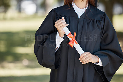 Buy stock photo Graduation, education and hands of woman with diploma for ceremony, award and achievement on campus. University success, college and graduate student holding certificate, degree and academy scroll