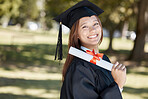 Graduation, education diploma and portrait of girl with smile for success, award and achievement. University, college and happy female graduate with certificate, degree and academy scroll on campus