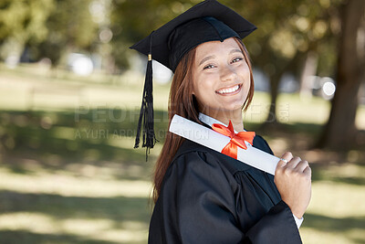 Buy stock photo Graduation, education diploma and portrait of girl with smile for success, award and achievement. University, college and happy female graduate with certificate, degree and academy scroll on campus